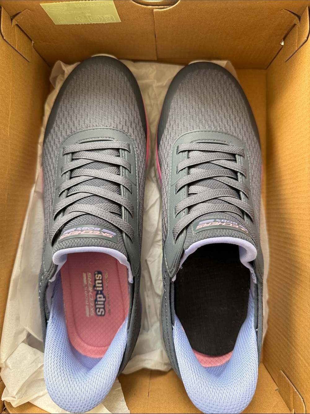 Skechers Women’s Athletic Slip-On Shoes - Gray with Pink and Light Blue Accents